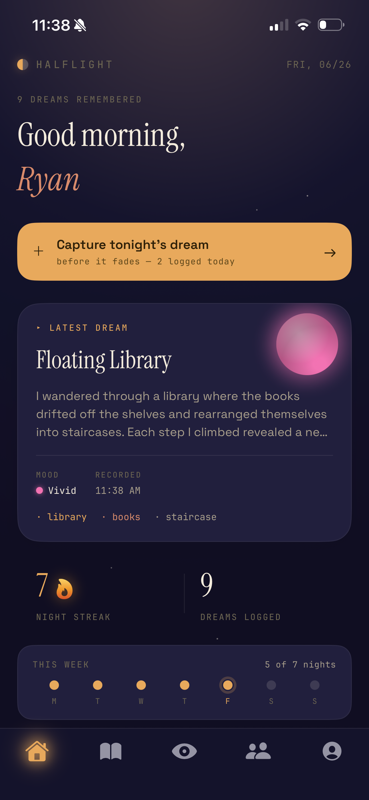 HalfLight app — dream journal home screen